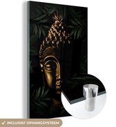 MuchoWow® Glasschilderij 100x150 cm - Schilderij acrylglas - Buddha - Bladeren - Goud - Foto op glas - Schilderijen