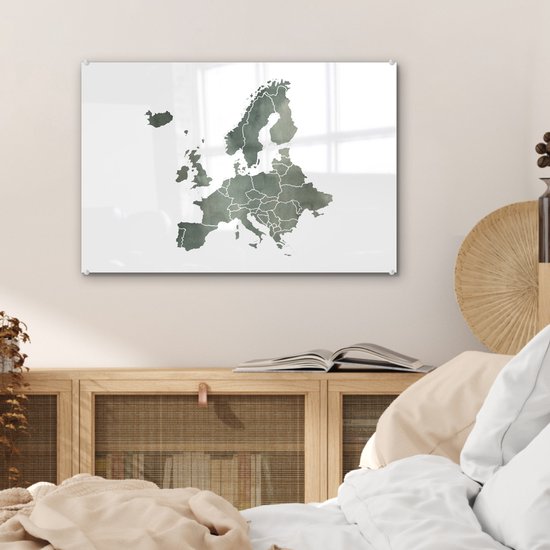 ® Glasschilderij 60x40 cm - Schilderij acrylglas - Kaart Europa - Waterverf - Grijs - Foto op glas - Muurdecoratie woonkamer - Wanddecoratie slaapkamer - Schilderijen