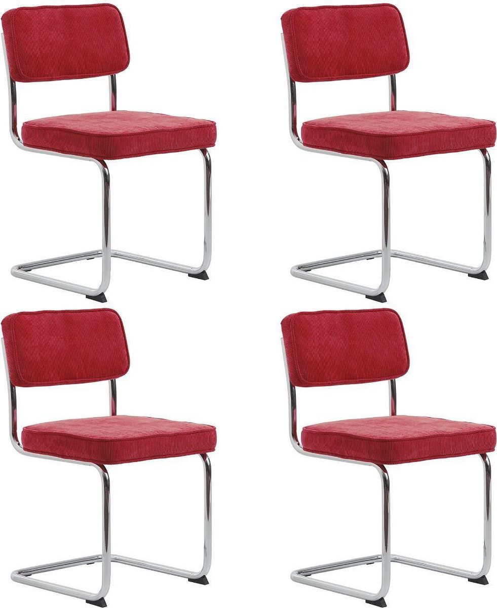 24Designs Jayson Stoel - Set Van 4 - Rib Stof Rood - Chromen Sledeframe