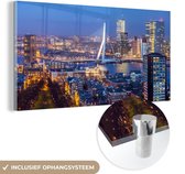 MuchoWow® Glasschilderij 160x80 cm - Schilderij acrylglas - Skyline - Erasmusbrug - Rotterdam - Foto op glas - Schilderijen