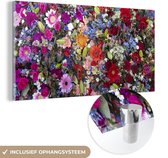 MuchoWow® Glasschilderij 160x80 cm - Schilderij acrylglas - Een bloemdessin met felle kleuren - Foto op glas - Schilderijen