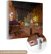 MuchoWow® Glasschilderij 90x90 cm - Schilderij acrylglas - Straat - Nacht - Antwerpen - Foto op glas - Schilderijen