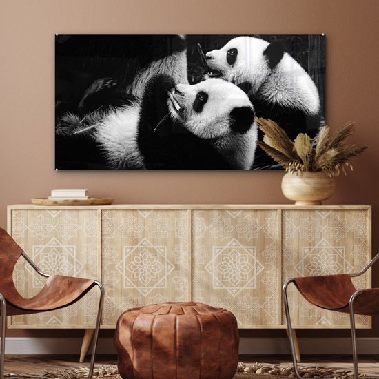 MuchoWow® Peinture sur verre 120x60 cm - Peinture sur verre - Pandas - Zwart - Wit - Photo sur verre acrylique - Peintures