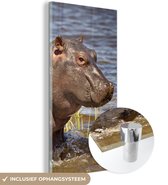 MuchoWow® Glasschilderij 80x160 cm - Schilderij acrylglas - Nijlpaard - Water - Kalf - Foto op glas - Schilderijen