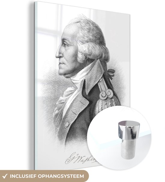 MuchoWow® Glasschilderij 90x120 cm - Schilderij acrylglas - Een illustratie van president George Washington met zijn handtekening - Foto op glas - Schilderijen