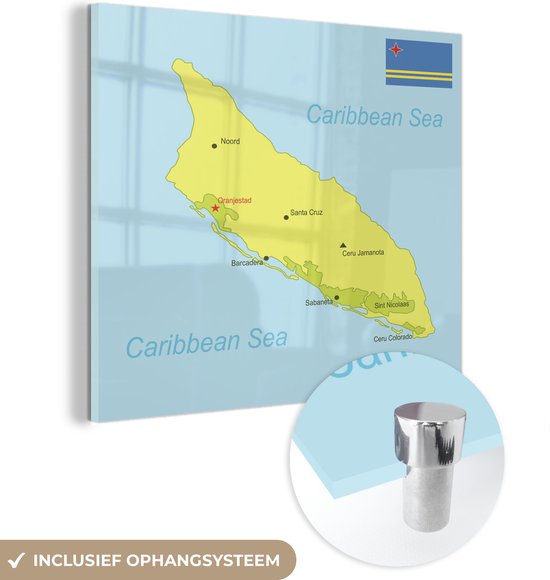 MuchoWow® Glasschilderij 90x90 cm - Schilderij acrylglas - Een illustratie van een groene kaart van Aruba - Foto op glas - Schilderijen