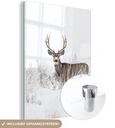 MuchoWow® Peinture sur verre 30x40 cm - Peinture sur verre acrylique - Cerf - Hiver - Neige - Animaux - Saisons - Wit - Photo sur verre - Peintures