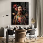 Glasschilderij vrouw - Bloemen - Kimono - Rozen - Aziatisch - Glasplaat - Foto op glas - Wanddecoratie glas - Woonkamer - 90x120 cm - Woondecoratie - Glasschilderijen - Schilderij glas