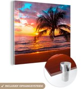 Glasschilderij - Glazen schilderij - Palmboom - Zon - Strand - Horizon - Foto op glas - Glas schilderij - Kamer decoratie - Acrylglas - 20x20 cm - Schilderijen woonkamer