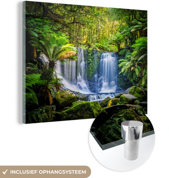 MuchoWow® Glasschilderij 40x30 cm - Schilderij acrylglas - Jungle - Waterval - Australië - Planten - Natuur - Foto op glas - Schilderijen