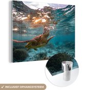 MuchoWow® Glasschilderij 160x120 cm - Schilderij acrylglas - Zee - Schildpad - Kleuren - Foto op glas - Schilderijen