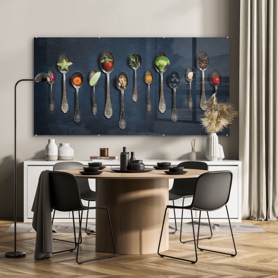 MuchoWow® Peinture sur Verre - Épices - Cuillère - Argent - Épices - Industriel - 160x80 cm - Peintures sur Verre Peintures - Photo sur Glas