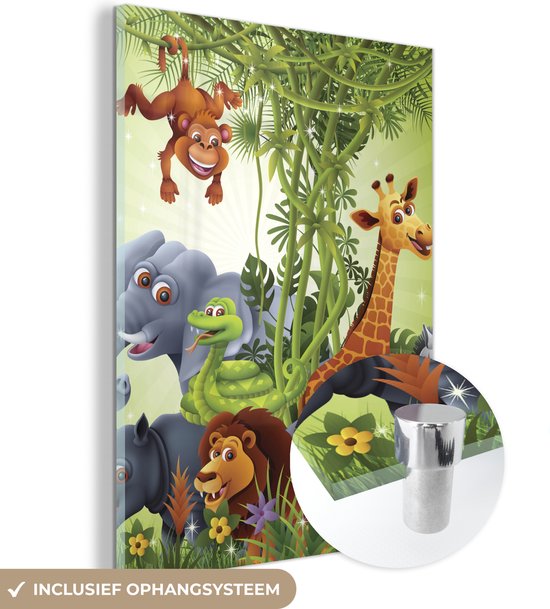 MuchoWow® Glasschilderij 60x80 cm - Schilderij acrylglas - Jungle dieren - Planten - Kinderen - Olifant - Giraf - Leeuw - Foto op glas - Schilderijen