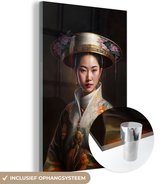 Glasschilderij vrouw - Kimono - Bloemen - Hoed - Asian - Glazen plaat - Woonkamer decoratie - Muurdecoratie glas - Foto op glas - 80x120 cm - Glazen schilderij