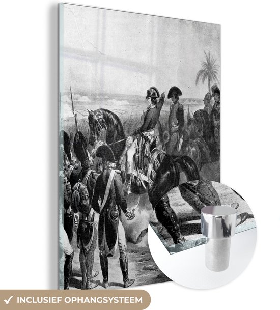 MuchoWow® Glasschilderij 30x40 cm - Schilderij acrylglas - Zwart-wit illustratie van Napoleon Bonaparte in Egypte - Foto op glas - Schilderijen