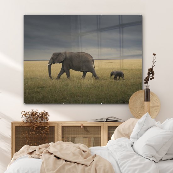 ® Glasschilderij 120x90 cm - Schilderij acrylglas - Olifant - Savanne - Dieren - Natuur - Foto op glas - Muurdecoratie woonkamer - Wanddecoratie slaapkamer - Schilderijen