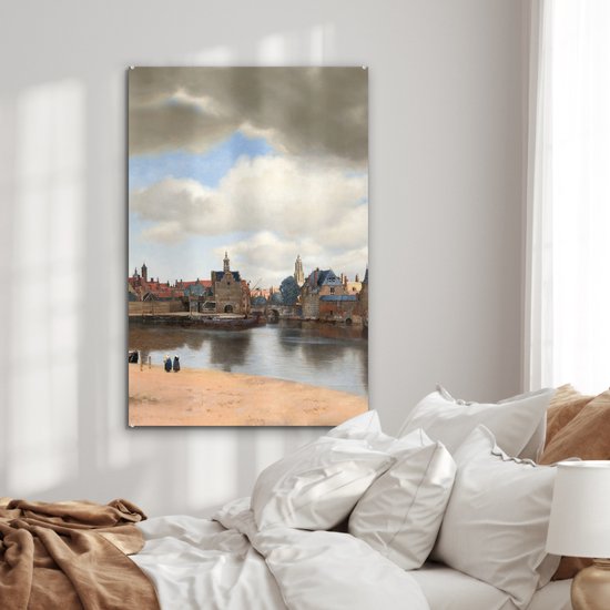 ® Glasschilderij 80x120 cm - Schilderij acrylglas - Gezicht op Delft - Schilderij van Johannes Vermeer - Foto op glas - Muurdecoratie woonkamer - Wanddecoratie slaapkamer - Schilderijen
