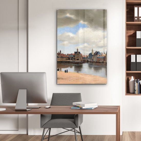 ® Glasschilderij 80x120 cm - Schilderij acrylglas - Gezicht op Delft - Schilderij van Johannes Vermeer - Foto op glas - Muurdecoratie woonkamer - Wanddecoratie slaapkamer - Schilderijen