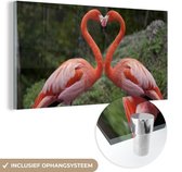 MuchoWow® Glasschilderij 80x40 cm - Schilderij acrylglas - Twee flamingo's vormen een hart - Foto op glas - Schilderijen