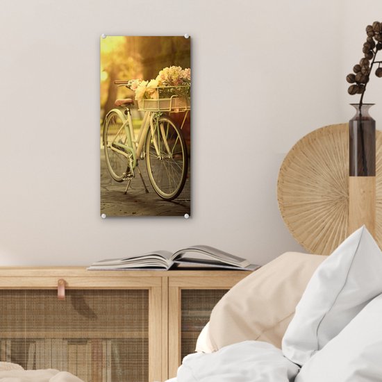MuchoWow® Peinture sur verre 20x40 cm - Peinture sur verre acrylique - Fleurs dans le panier du vélo - Photo sur verre - Peintures