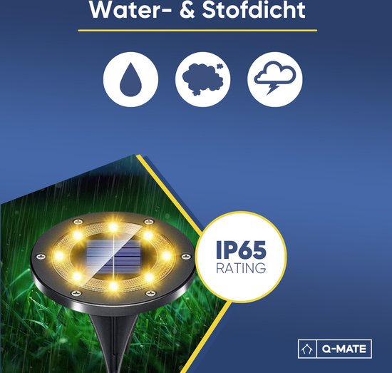 Spot de sol noir avec cellule solaire et 8 lampes LED, sous la pluie. Indice IP65 résistant à l'eau et à la poussière.
