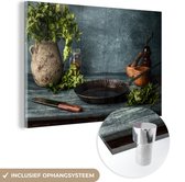 MuchoWow® Glasschilderij 120x80 cm - Schilderij acrylglas - Kruiden - Specerijen - Pan - Mes - Grijs - Rustiek - Foto op glas - Schilderijen