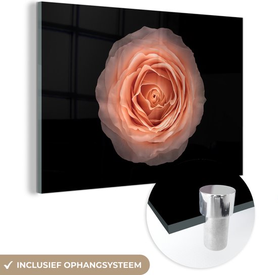 MuchoWow® Glasschilderij 180x120 cm - Schilderij acrylglas - Ronde vorm Roze roze bloem op zwarte achtergrond, bovenaanzicht Close-up - Foto op glas - Schilderijen