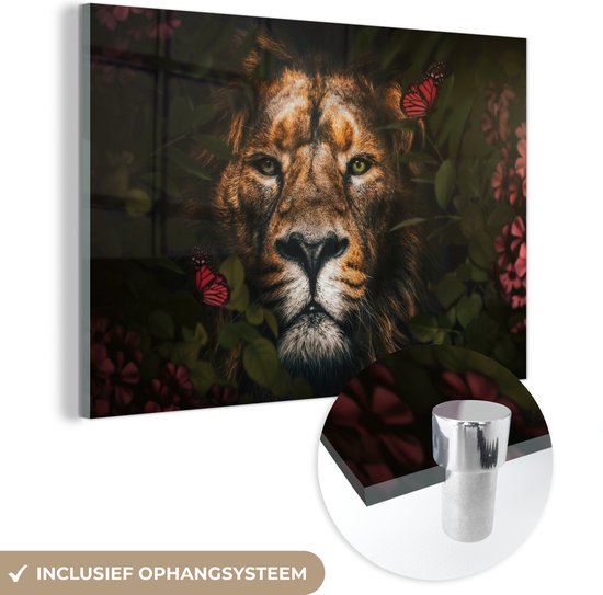 MuchoWow® Glasschilderij 60x40 cm - Schilderij acrylglas - Jungle - Leeuw - Vlinder - Bloemen - Foto op glas - Schilderijen