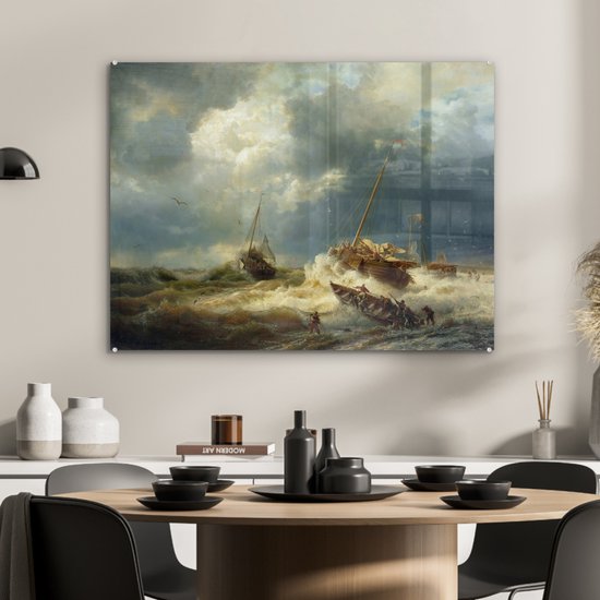 Peinture sur verre - Navires dans une tempête sur la côte néerlandaise - peinture d'Andreas Achenbach - 80x60 cm - Peintures sur verre acrylique - Photo sur Glas