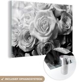 MuchoWow® Glasschilderij 30x20 cm - Schilderij acrylglas - Natte rozen met dauw - zwart wit - Foto op glas - Schilderijen