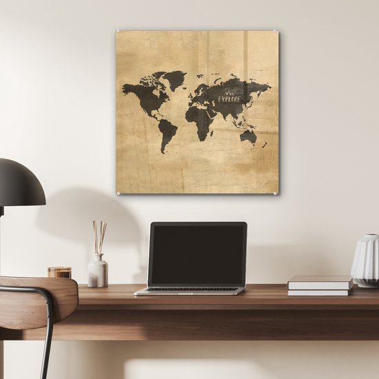 Peinture sur Verre - Carte du Wereldkaart - Vintage - Voyages - 50x50 cm - Peintures sur Verre Peintures - Photo sur Glas