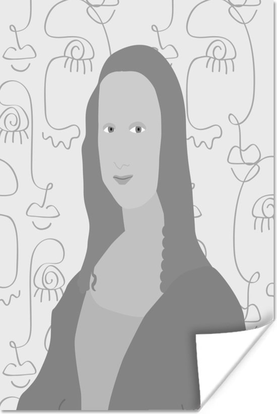 Poster Mona Lisa - Line Art - Zwart - Wit - 60x90 cm
