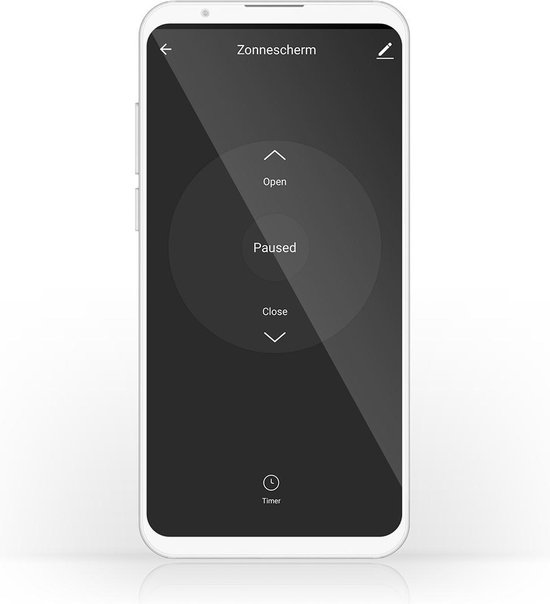Smartphone met het Nedis SmartLife app-scherm voor het bedienen van een zonnescherm.