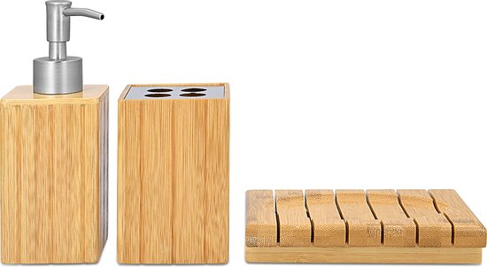 Badkamer accessoires set 3-delig Porto - Bamboe/kunststof - Transparant - Zeeppompje/beker/schaal - Zeep pompjes - warenhuis Badkamer accessoires set 3-delig Porto - Bamboe/kunststof - Transparant - Zeeppompje/beker/schaal - Zeep pompjes - warenhuis