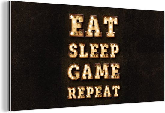 Wanddecoratie Metaal - Aluminium Schilderij Industrieel - Gaming - Games - Quotes - Spreuken - Eat sleep game repeat - 40x20 cm - Dibond - Foto op aluminium - Industriële muurdecoratie - Voor de woonkamer/slaapkamer