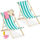 Relaxdays strandstoel hout - set van 2 - verstelbare ligstoel - opvouwbaar - campingstoel - wit-blauw