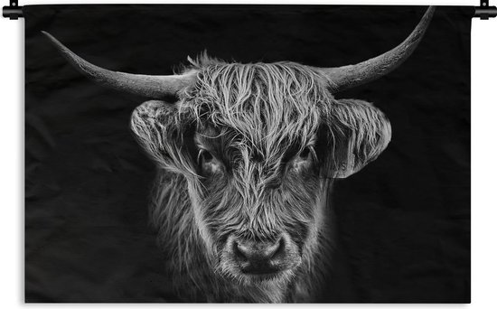 Wandkleed - Wanddoek - Schotse hooglander - Zwart - Koe - Dieren - 60x40 cm - Wandtapijt