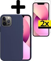 iPhone 13 Pro Hoesje Case Siliconen Met 2x Screenprotector Volledig Bedekt - iPhone 13 Pro Case Hoesje Hoes Met 2x Screenprotector - Donker Blauw