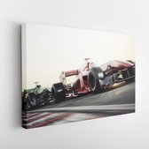 Canvas schilderij - Motor sports competitive team racing. Fast moving generic race cars racing down the track . 3d rendering with room for text or copy space -     571520698 - 50*4