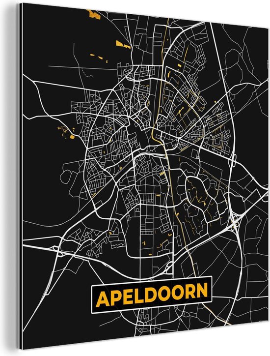 Décoration murale Métal - Peinture Aluminium Industriel - Plan de la ville - Apeldoorn - Or - Zwart - 50x50 cm - Dibond - Photo sur aluminium - Décoration murale industrielle - Pour le salon/chambre - Plan d'étage