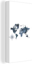 Wanddecoratie Wereldkaart - blauw - Kompas - Canvas - 40x80 cm