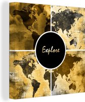 Wanddecoratie Wereldkaarten - Collage - Goud - Canvas - 90x90 cm