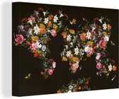 Wanddecoratie Wereldkaart - Bloemen - Vlinder - Zwart - Canvas - 60x40 cm