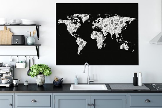 Décoration murale Carte du Wereldkaart - Plantes - Zwart - Toile - 120x90 cm