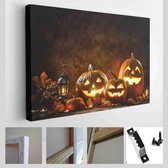 Onlinecanvas - Schilderij - Halloween Pompoen Hoofd Jack Lantaarn Met Brandende Kaarsen Art Horizontaal - Multicolor - 40 X 30 Cm
