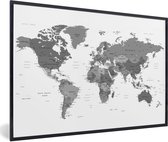 Fotolijst incl. Poster Zwart Wit- Wereldkaart in grijstinten - zwart wit - 90x60 cm - Posterlijst