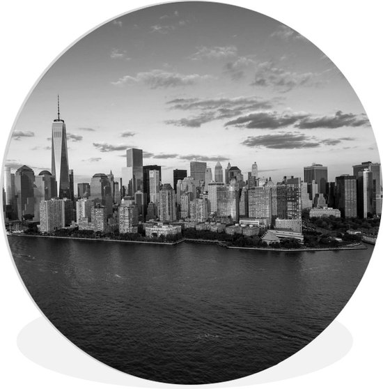 WallCircle - Wandcirkel ⌀ 30 - Skyline New York tijdens Golden Hour - zwart wit - Ronde schilderijen woonkamer - Wandbord rond - Muurdecoratie cirkel - Kamer decoratie binnen - Wanddecoratie muurcirkel - Woonaccessoires