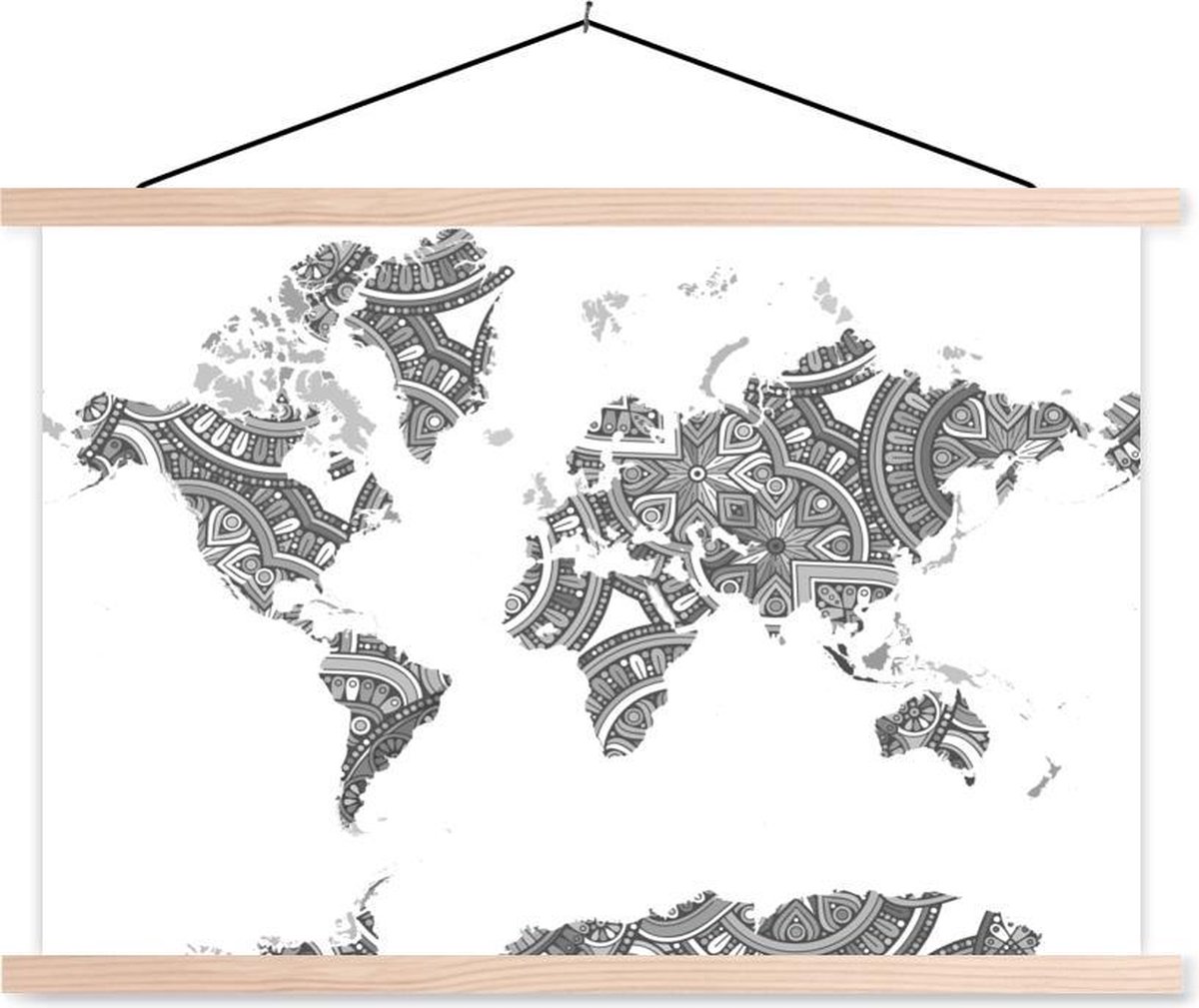 Afbeelding van product TextilePosters  Schoolplaat - Een wereldkaart met een prachtig patroon - zwart wit - 150x100 cm - Blanke latten