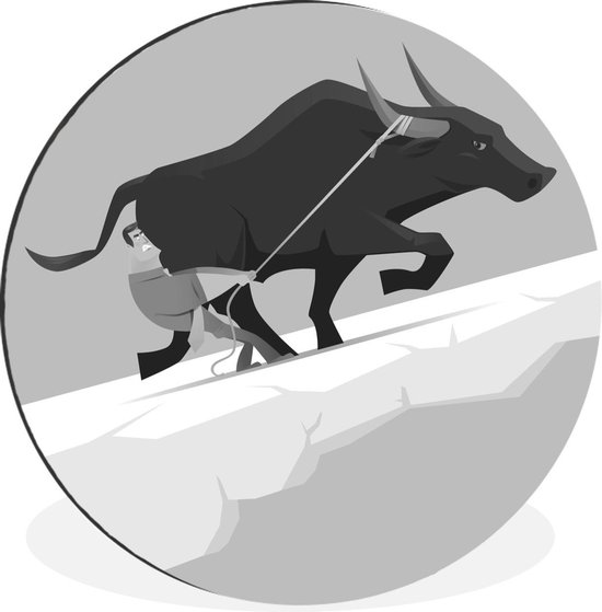 WallCircle - Wandcirkel - Muurcirkel - Een illustratie van een man en een stier - zwart wit - Aluminium - Dibond - ⌀ 120 cm - Binnen en Buiten XXL