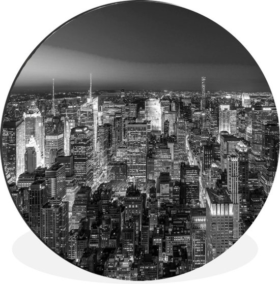 WallCircle - Wandcirkel - Muurcirkel - Luchtfoto New York bij nacht - zwart wit - Aluminium - Dibond - ⌀ 60 cm - Binnen en Buiten